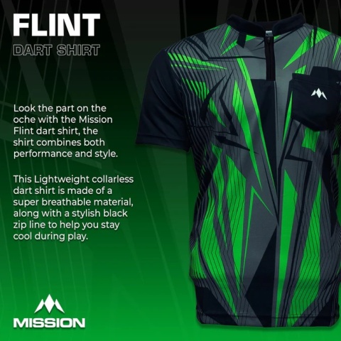 Mission Darts Flint Dart Shirt – Collarless – Lightweight – Black & Green