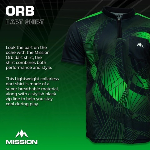 Mission Darts Orb Dart Shirt – Collarless – Lightweight – Black & Green