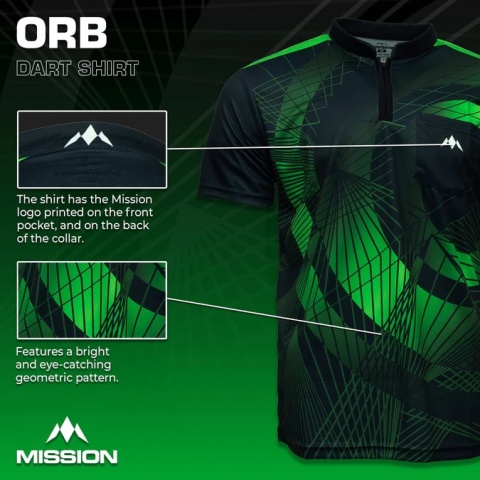 Mission Darts Orb Dart Shirt – Collarless – Lightweight – Black & Green