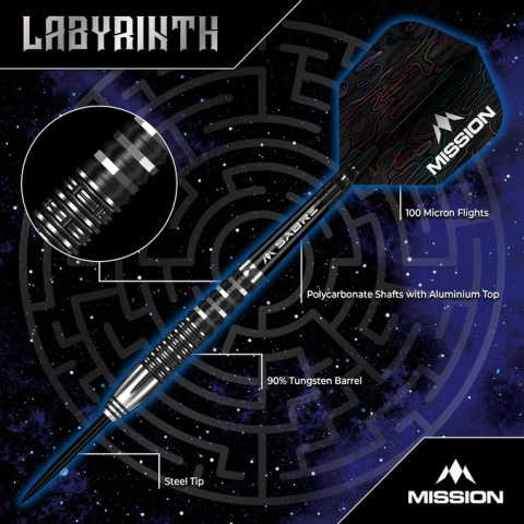 Mission Labyrinth 90% – Lotki do Darta – 90% Wolfram – Czarny & Srebrny