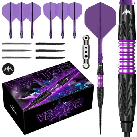 Mission Vector Darts – Lotki Stalowe – 95% Wolfram – Powłoka PVD Czarna & Electro Fiolet
