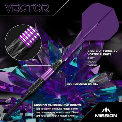 Mission Vector Darts – Lotki Stalowe – 95% Wolfram – Powłoka PVD Czarna & Electro Fiolet