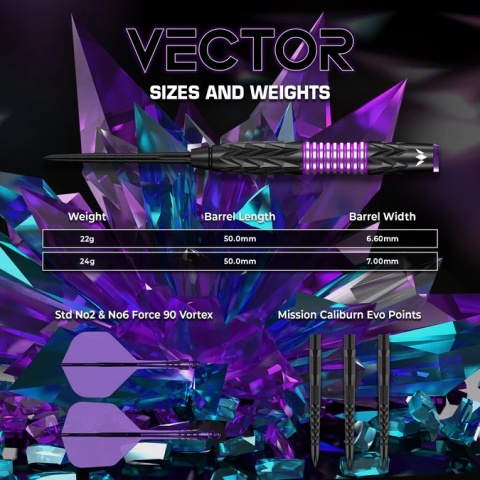 Mission Vector Darts – Lotki Stalowe – 95% Wolfram – Powłoka PVD Czarna & Electro Fiolet