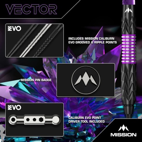 Mission Vector Darts – Lotki Stalowe – 95% Wolfram – Powłoka PVD Czarna & Electro Fiolet