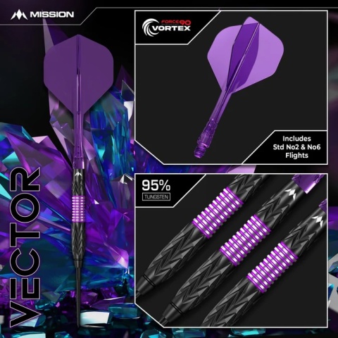 Mission Vector Darts – Lotki Stalowe – 95% Wolfram – Powłoka PVD Czarna & Electro Fiolet