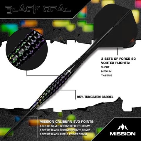 Mission Black Opal Darts – Stalowe Groty – 95% Wolfram – Czarna i Koralowa Powłoka PVD