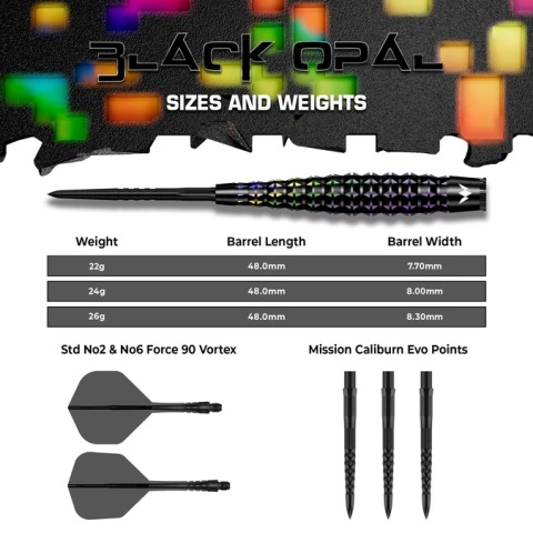 Mission Black Opal Darts – Stalowe Groty – 95% Wolfram – Czarna i Koralowa Powłoka PVD