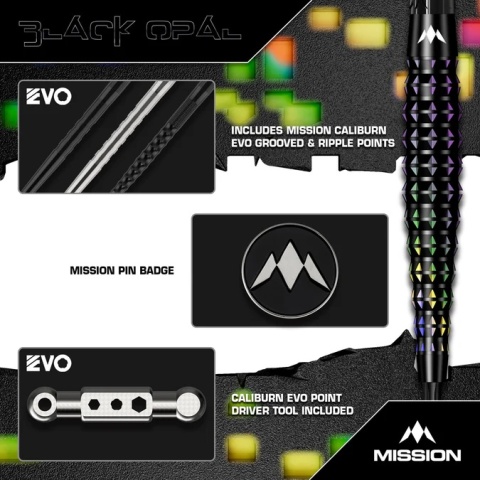 Mission Black Opal Darts – Stalowe Groty – 95% Wolfram – Czarna i Koralowa Powłoka PVD
