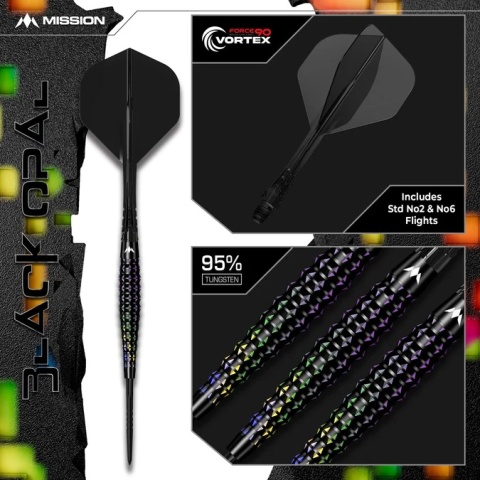 Mission Black Opal Darts – Stalowe Groty – 95% Wolfram – Czarna i Koralowa Powłoka PVD