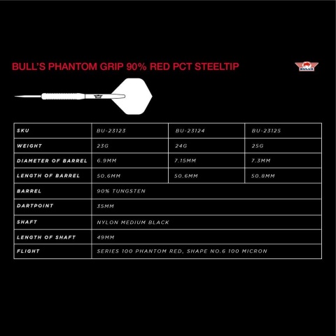 Bull’s Phantom Grip 90% Red PCT – Steel Tip Darts