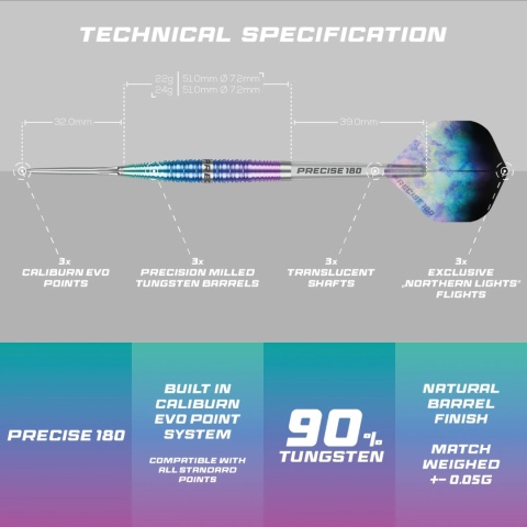 Precise 180 Northern Lights 90% – steel tip darts